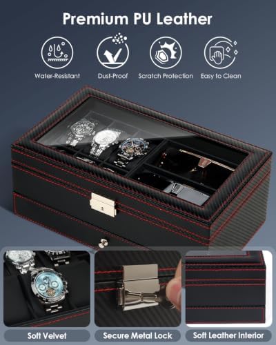 Kukikan Mens Jewelry Box Organizer, 6 Watch Slots & 3 Sunglasses -Black - Image 4