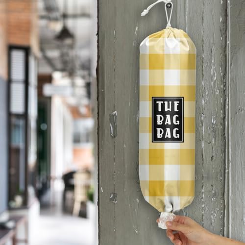 Plastic Bag Holder,Reusable And Washable Grocery Bag organizer,​for Home Kitchen Travelling Camping Decor, use 1 Pack, Yellow And White Checkerboard Pattern - Image 6
