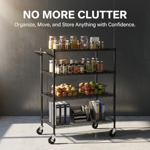 Finnhomy 4 Tier Heavy Duty Commercial Grade Rolling Cart with Handle Bar, Metal Wire Utility Cart with Wheels, Shelf Size 18" D x 30" W, NSF Listed, Black - Image 2