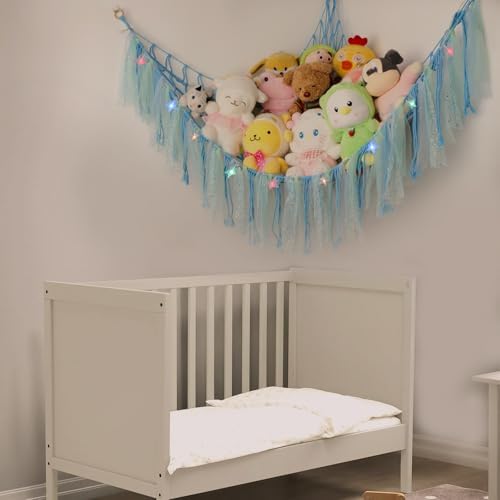 Stuffed Animal Hammock with LED Lights - 59 Inch Large Toy Storage Net for Kids Bedroom, Wall-Mounted Plush Organizer with Wooden Rings, Nursery Decor (Handwoven, Blue) - Image 4