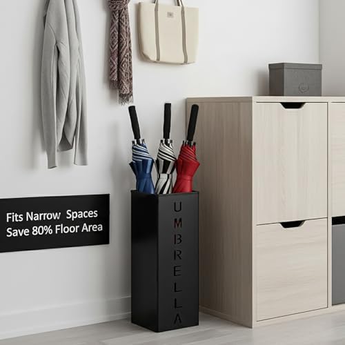 Hiceeden Square Metal Umbrella Holder, Free Standing Umbrella Rack Stand for Indoor Entryway, Umbrella Canes Walking Sticks Storage Bin for Office, Home, Hotel, Shop, 6.3" x 6.3" x 16.5", Black - Image 6