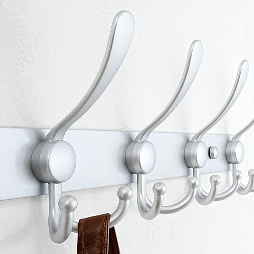 Dseap Coat Rack Wall Mounted - 5 Tri Hooks, Heavy Duty, Stainless Steel, Metal Coat Hook Rail for Coat Hat Towel Purse Robes Mudroom Bathroom Entryway (Silver, Pack of 2) - Image 3