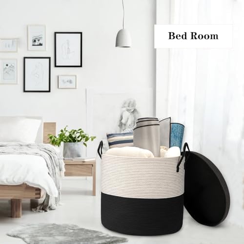21" x 18"Extra Large storage baskets,Eco-friendly rope baskets with lid,blanket basket living room with lid,hampers for bedroom,big,round, Black 115L - Image 5