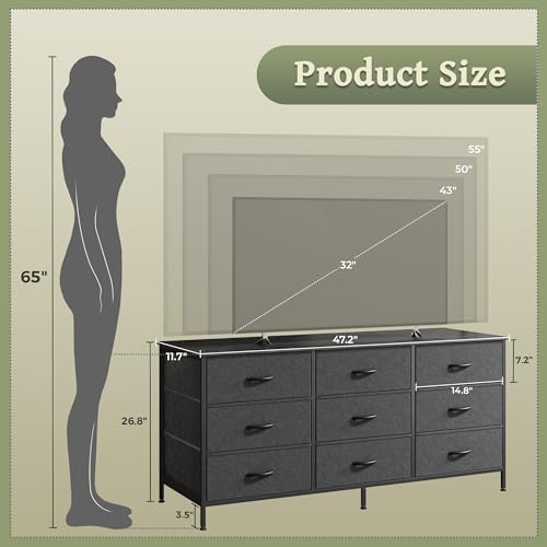 Huuger 9 Drawer Dresser, 47 Inch Dresser TV Stand for 50, 55 Inch TV, Entertainment Center with Drawers, Fabric Chest of Drawer for Bedroom, Closet, Black - Image 3