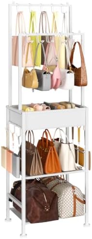 DIMJ Purse Organizer for Closet - Floor-standing Handbag Organizer Rack with 16 Hooks, Purse Storage Shelf Stand for Handbags, Totes, Wallets, Scarves, Bedroom Entryway and Walk-in Closet, White by DiMJ