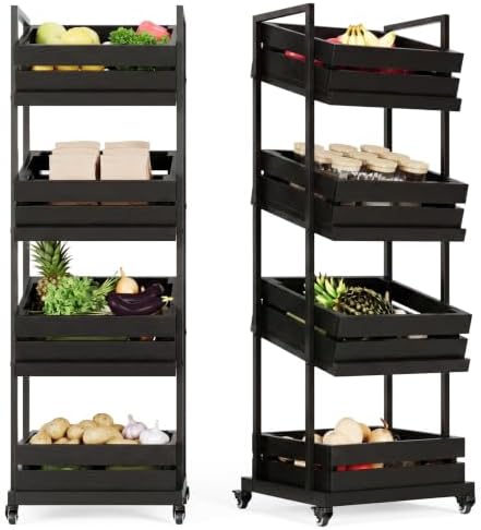 LITTLE TREE 4-Tier Basket Stand with Locked Wheels, Mobile Fruit and Vegetable Storage, Floor Stand Rack, Utility Shelf, for Kitchen, Living Room, Pantry (Black, 2) by LITTLETREE