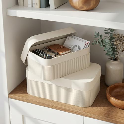 Decorative Storage Boxes with Lids - Set of 2 Fluted Photo Organizer Bins - Image 6