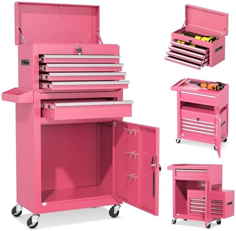 INTERGREAT 5 Drawer Tool Chest with Wheels, Rolling Tool Chest with Enhanced Packaging, Tool Storage Organizer Cabinets with Lock&Key for Garage, Workshop (Pink) by INTERGREAT