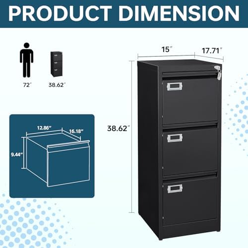 MIIIKO 3 Drawer File Cabinet, Black Metal Vertical Filing Cabinet with Lock, Home Office File Folders Storage Cabinet for Letter Legal A4 File Size - Image 3