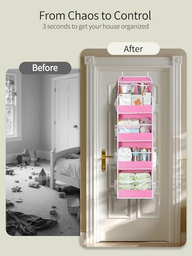 Yecaye 5 Tier Over the Door Organizer, Swing-proof Door Organizer Hanging with Clear PVC Windows, Behind the Door Storage for Bedroom Nursery Closet Laundry Pantry Bathroom, Pink - Image 2