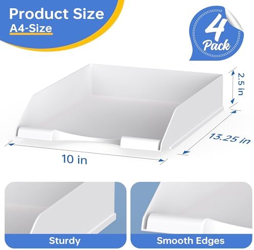 4 Pack Stackable Paper Trays for Letter Documents, Desktop File Organizers for Office Supplies, Stackable Desk Tray Holder for Paper Storage, Gray - Image 2