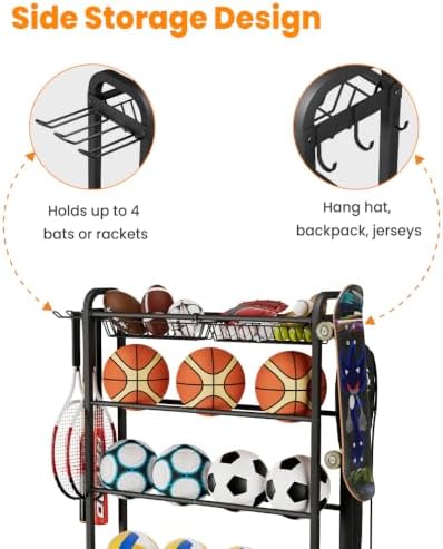 Ball Organizer with Wheels, 4 Tier Basketball Storage Cart, Black - Image 4