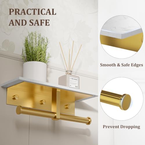 BWE Toilet Paper Holder with Marble Shelf, Toilet Paper Roll Holder Wall Mounted, Toilet Paper Roll Holder with Phone Shelf 304 Stainless Steel Tissue Holder for Bathroom Washroom (Double Gold) - Image 3