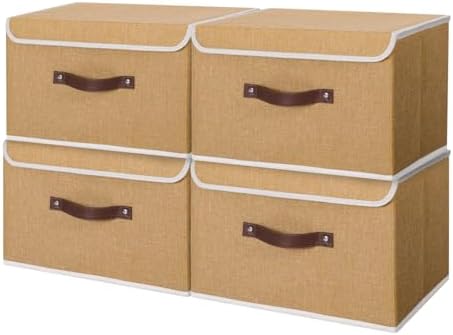 ANMINY Fabric Storage Box Bins with Lids, Khaki, 15"x10"x10", 4 Pack by ANMINY