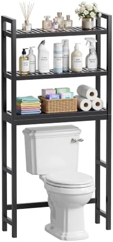 SMIBUY Bathroom Storage Shelf, Bamboo Over-The-Toilet Organizer Rack, Freestanding Toilet Space Saver with 3-Tier Adjustable Shelves (Black) by SMIBUY