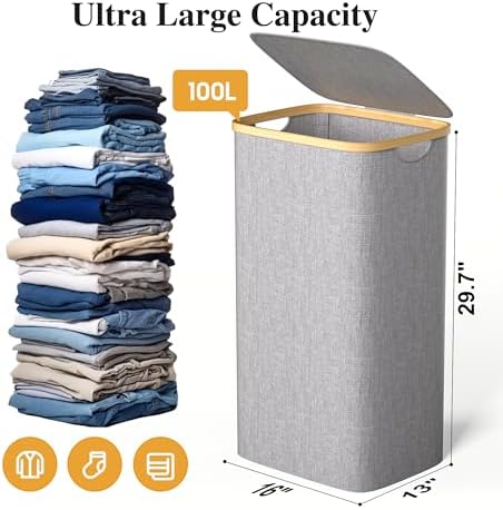 Foluck Large Laundry Hamper, 100L Waterproof Laundry Basket with Lid and Removable Bag, Collapsible Tall Clothes Hamper with Bamboo Handles for Clothes Toys in Dorm Bedroom Bathroom, Grey - Image 2