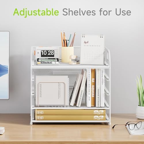 Cawukege 2 Pack 5 Tier Paper Organizer, Letter Tray with Handle, Mesh Desk Organizer, Metal File Organizer, Office Desk Accessories for Home, Office, Classroom, School (White, 2) - Image 2