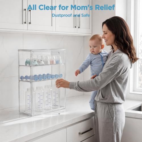 HBlife Baby Bottle Storage Organizer for Countertop Cabinet, 3 Tiers Adjustable Clear Acrylic Bottles Storage Station Case Box Container with 2 Removable Dividers and Magnetic Door, Medium - Image 2