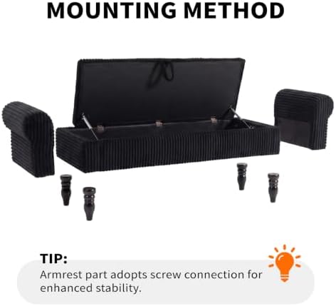 60" Corduroy Storage Bench, Queen End of Bed, Black - Image 6