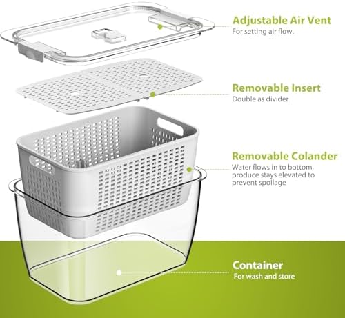 LUXEAR 4 Pack Fruit Vegetable Containers for Fridge, Produce Saver Container with Lids &Removable Colander BPA-free Refrigerator Storage Organizer for Fruit Vegetable, Berry, Meat keep Fresh Longer - Image 3