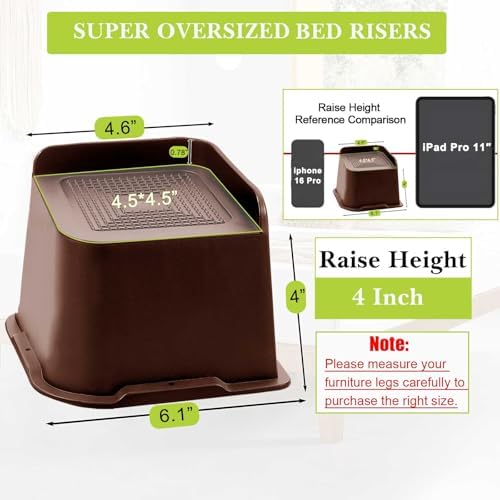 Bed Risers 1 inch, 2 inch, 3 inch, 4 inch, 6 inch, 8 inch Heavy Duty, Oversized Furniture Riser for Couch Sofa Table Chair Leg Frame Dorm, Support up to 6000 Lbs (Chocolat Brown 4 Pack, 4 inch) - Image 2