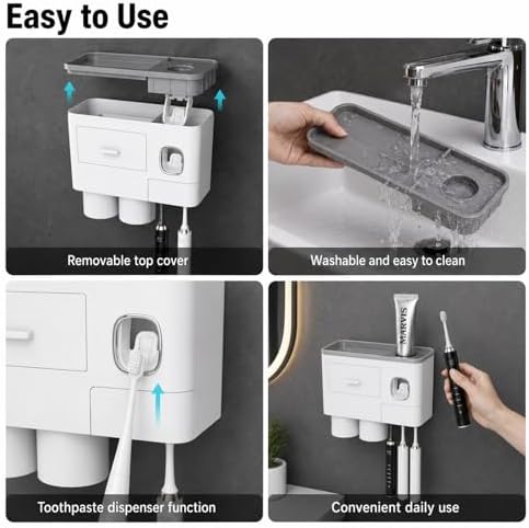 Toothbrush Holders Bathroom Accessories with Toothpaste Dispenser, 2 Cups Toothbrush Holder Wall Mounted Bathroom Decor (Grey and White - Image 7