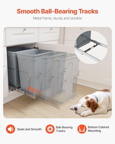 VEVOR Pullout Trash Can for Kitchen Cabinets, 35 QT x2 Double Under Sink Garbage Waste Recycling Bin, Under Mount Waste Container, with Heavy Duty Metal Full Extension Sliding System and Handle Grey - Image 6