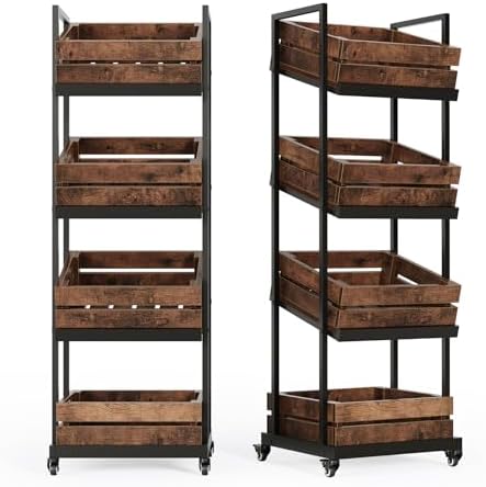 LITTLE TREE 4-Tier Basket Stand with Locked Wheels, Mobile Fruit and Vegetable Storage, Floor Stand Rack, Utility Shelf, for Kitchen, Living Room, Pantry (Rustic Brown, 2) by LITTLETREE