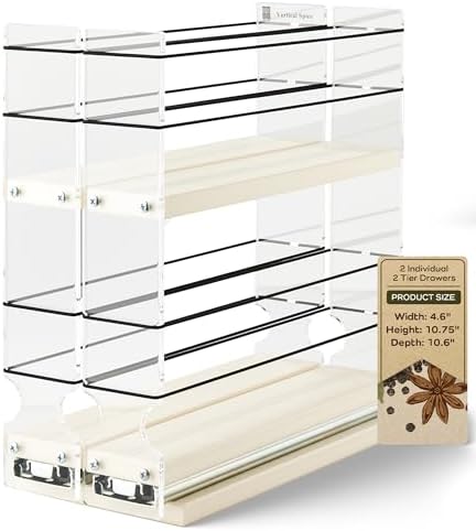 Vertical Spice - Narrow Pullout Spice Rack - Sliding Drawer for Kitchen Organization - Pantry Organizers and Storage - 2 Drawers & 2 Tiers - 20 Spice Jar Capacity (4.6" W x 10.75" H x 10.6" D, Cream) by VerticalSpice