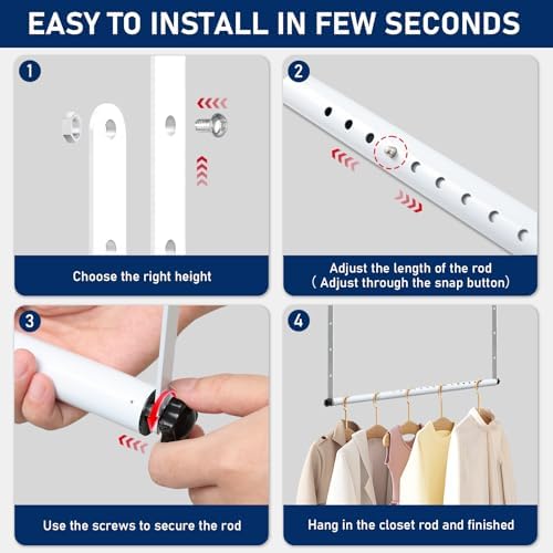 Hanging Closet Rod Extenders, Adjustable Width and Height Closet Extender Hanging Rod, Space-Saving Closet Hanging Rod, Heavy Duty Closet Bar for Hanging Clothes, 1 Pack White - Image 6