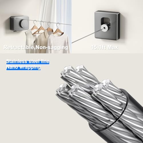 MUSTORN Retractable Clothesline Indoor, Non-Sagging Outdoor Clothes Line Retracting Heavy Duty Clothes Drying Laundry Line Wall Mounted Stainless Steel Line-13.8 Feets(Gray) - Image 2