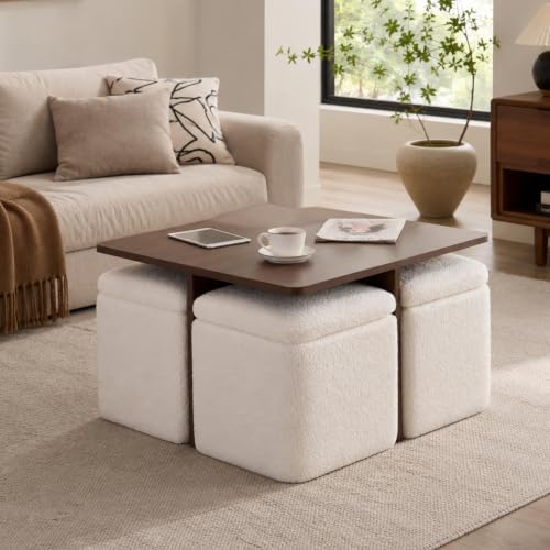 Square Coffee Table with Storage Ottomans, Beige by IMMULIZEHOME