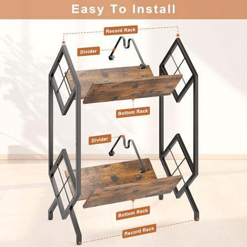 RUILALIFE 2-Tier-Vinyl-Record-Storage-Holder With Dividers, Metal Album storage for vinyl records display Shelf, Vintage 160-200 LP Storage Shelf Stand - Image 7