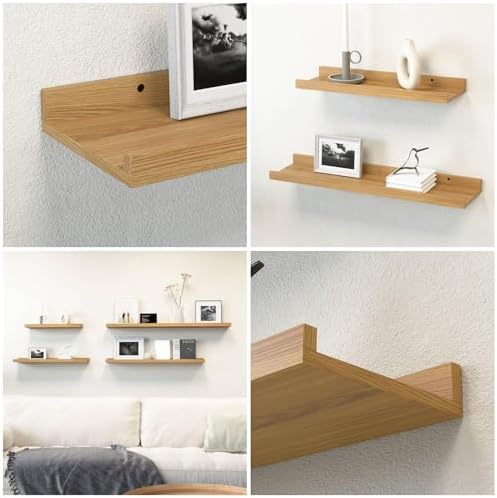 Boswillon Floating Shelves Set of 2, Small Wall Shelf with Lip, 16in, Oak - Image 4