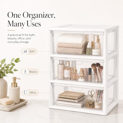 3 Drawer Storage Organizer, 3-Tier Wide Clear Plastic Drawer Storage(White) - Image 4