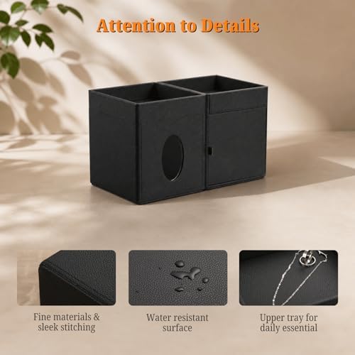 LAMOTI Leather Tissue Box Cover with Storage Tray, Square Facial Tissue Box Holder for Bathroom, Office Table, Countertop, Night Stand & More (Black) - Image 4