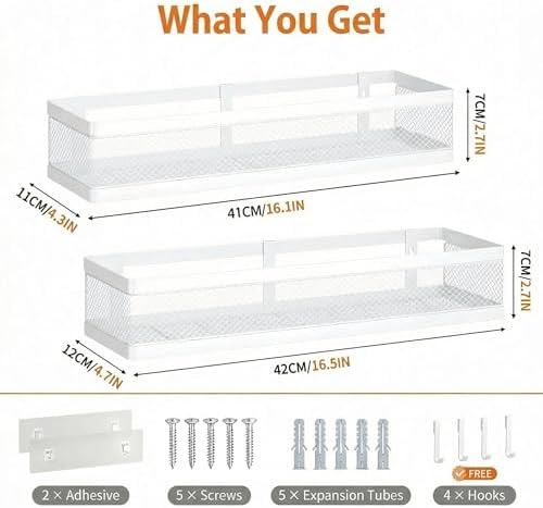 PUSDON 16.5-Inch Extra Long Slim Mesh Shower Caddy, Wall Mounted Bathroom Organizer with Adhesive, Heavy Duty Rustproof Shelf for Narrow Kitchen Pantry & RV, Holds 50 LBS 2-Pack - White Netting - Image 3