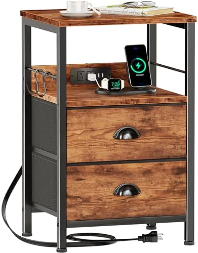 Furologee Nightstand with Charging Station for Dorm, 2 Fabric Drawers by Furologee