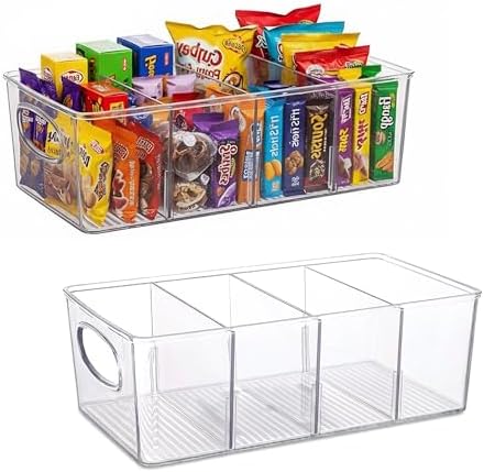 Clear Plastic Storage Bins with Removable Dividers – Pantry Snack Organizer, Kitchen Pantry Organizers and Storage, Snack Drawer Organizer, Fridge Organizer (2 Pack) by Paosvtch