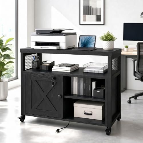 Mobile File Cabinet with Charging Station, Printer Stand, Black by TIANCHENG