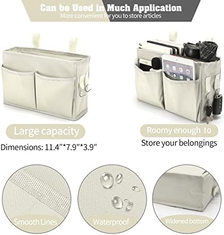 Bseash Bunk Bed Organizer, Bedside Caddy Hanging Bed Organizer Storage Bag with 4 Pockets and 2 Hooks, for College Dorm Rooms Bed, Hospital Bed, Baby Bed Rails, 600D Oxford Cloth (Beige) - Image 3