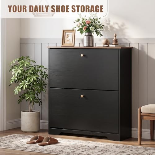 Nicetree Shoe Cabinet, 2 Flip Drawers Slim Black Walnut Top Entry Storage - Image 3