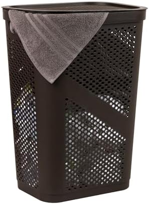 Mind Reader Slim Laundry Hamper with Lid, 60L Clothes Basket, Ventilated Plastic, Brown by MindReader