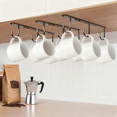 3pcs Under Cabinet Mug Hooks,Adhesive/Screw 2 Ways Install Mug Holder,Coffee Cups Hook with 9 Hooks,Mug Organizion Rack for Displaying Mugs/Cups/Kitchen Utensils (Black) by DEPAOTLUX