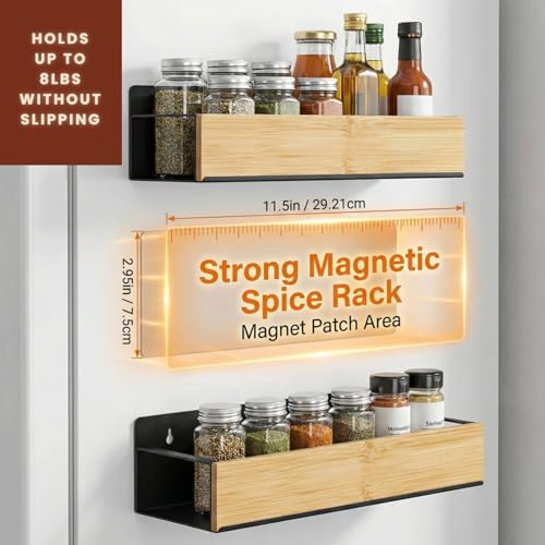 (4 Pack) Magnetic Spice Storage Rack Organizer for Refrigerator and Oven, Real Bamboo, 4 Strong Magnetic Shelf, Black Fridge Storage, Spice Rack Organizer, high quality metal - Image 3