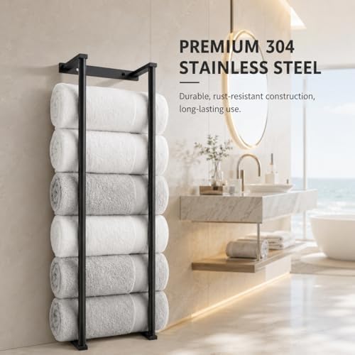 Bathroom Towel Storage Rack, 28 Inch Vertical Towel Holder Wall Mounted Organizer, Rustproof Stainless Steel, Large Capacity, Black - Image 4
