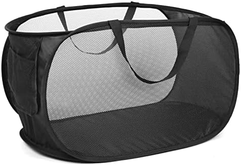 Durable Collapsible Laundry Baskets, Mesh Pop Up Laundry Hamper with Side Pocket, Foldable Clothes Storage Hamper with Reinforced Carry Handles for Laundry, Bathroom, Kids Room, Dorm or Travel Black by Bemkoo
