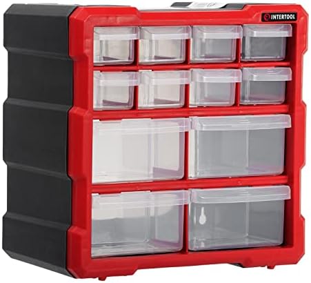 INTERTOOL Small Parts Organizer - 12 Removeable Bin Drawers - Tool Box for Storing Hardware and Garage Organization - For Screws, Bolts, Legos, Arts and Crafts - 10” x 10” x 6” - BX08-4024 by INTERTOOL