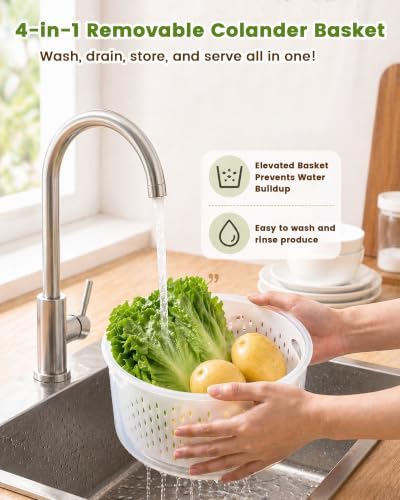8 Pieces Airtight Fruit Storage Containers for Fridge with Air Circulation Vent, 4 Pack Round Produce Saver with Colander for Berry Lettuce Salad Vegetable Storage, Refrigerator Organizers -White - Image 7