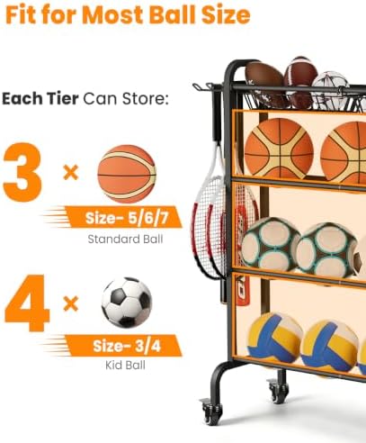 Ball Organizer with Wheels, 4 Tier Basketball Storage Cart, Black - Image 3